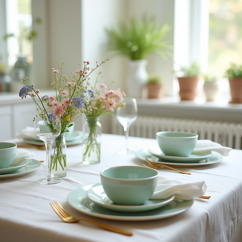Frühlingshafte Tafel mit Pastellfarben und frischen Blumen