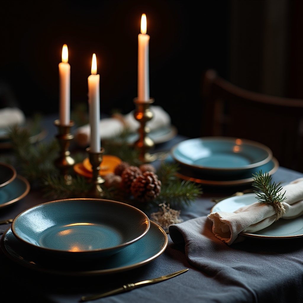 Winterlich gedeckter Tisch mit Kerzen und dunklen Tönen